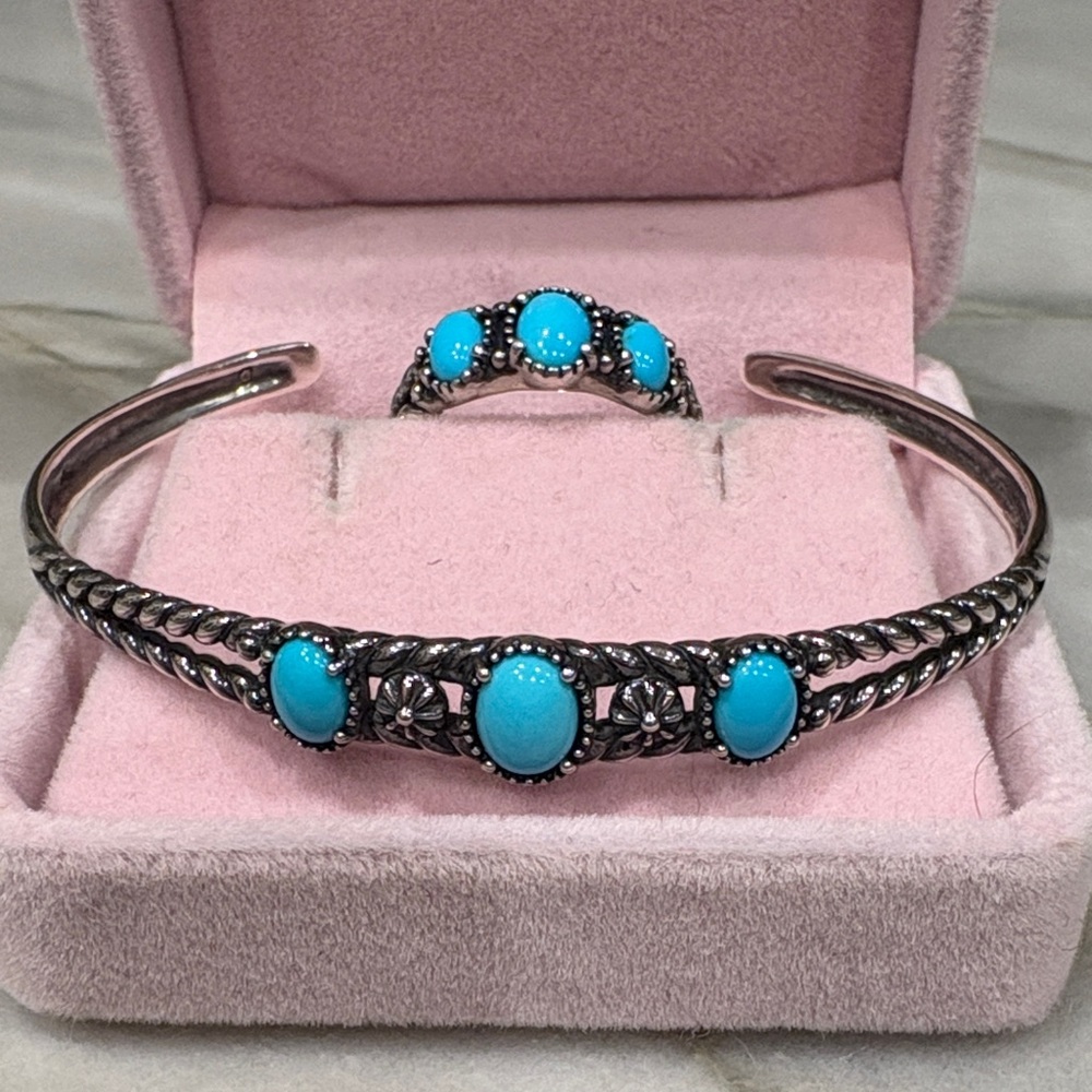 American West Genuine 925 S.S. & Sleeping Beauty Turquoise Bracelet & Ring Set